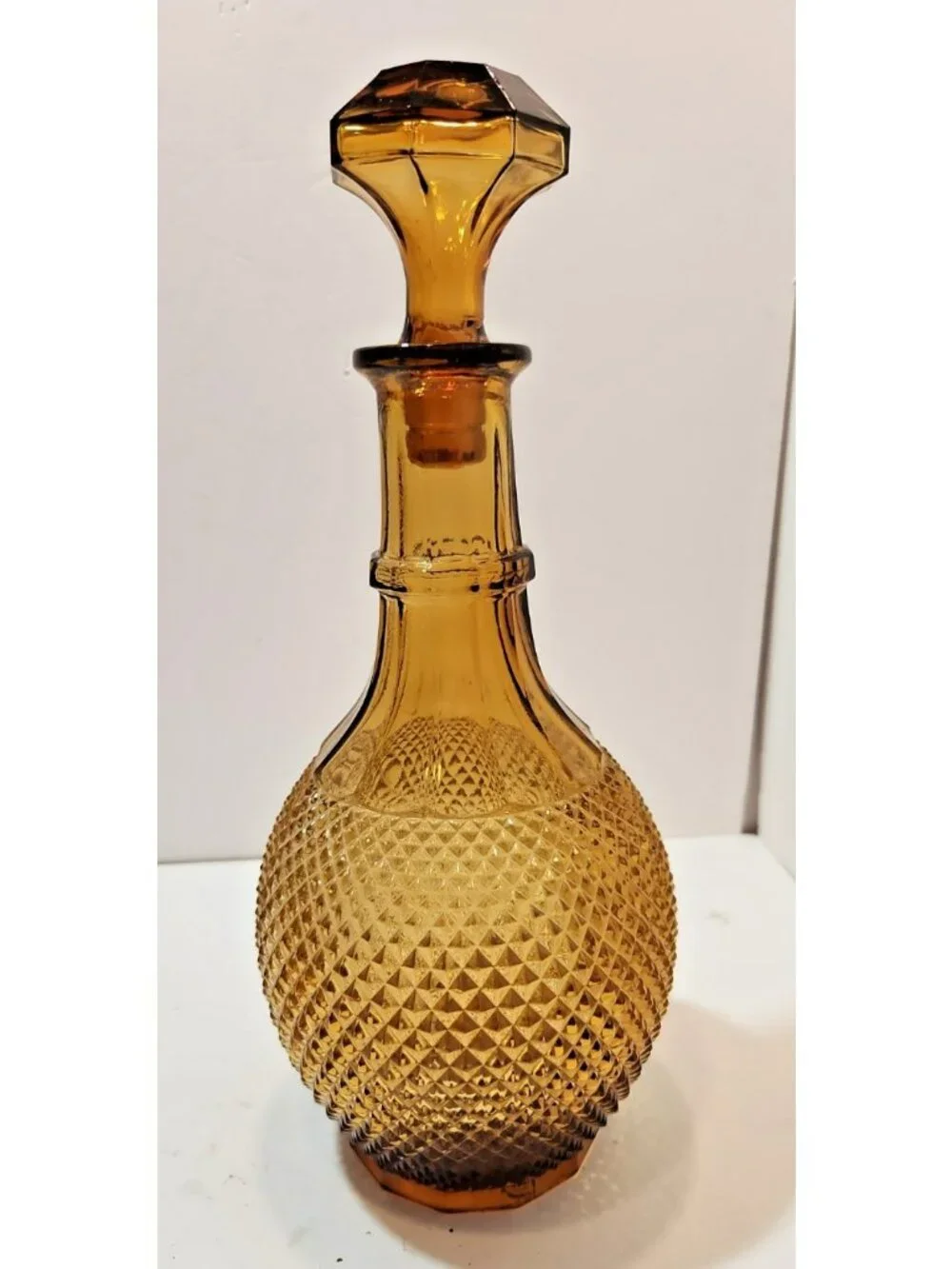Vintage 1960's Amber Colored Hobnail Glass Wine/Liquor Decanter Bottle w/Stopper